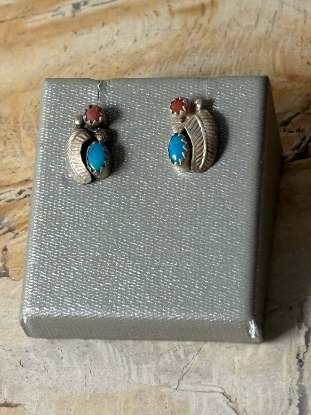 Sterling Silver Turquoise & Coral Leaf Stud Earrings